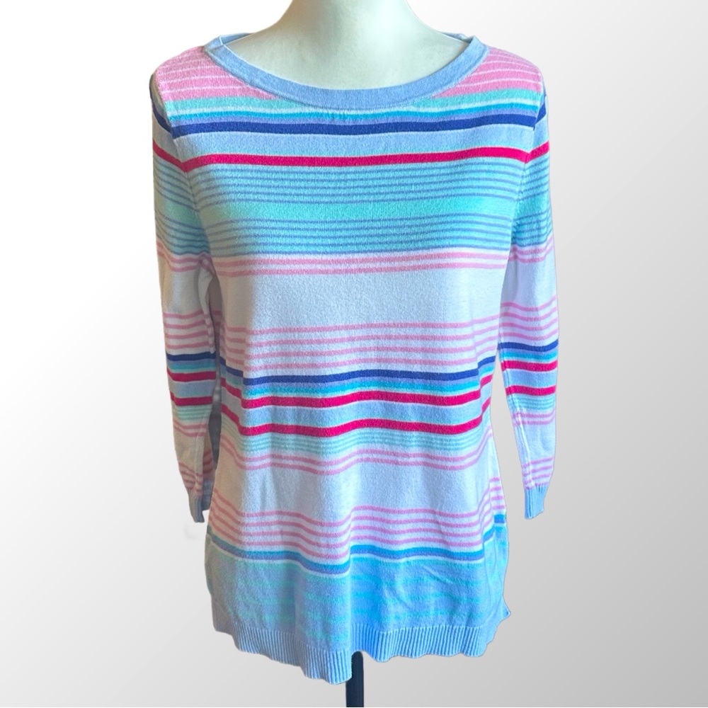 Talbots Sweater Size Small Pink & Blue Multi Rainbow Stripe Boat Neck Sweater